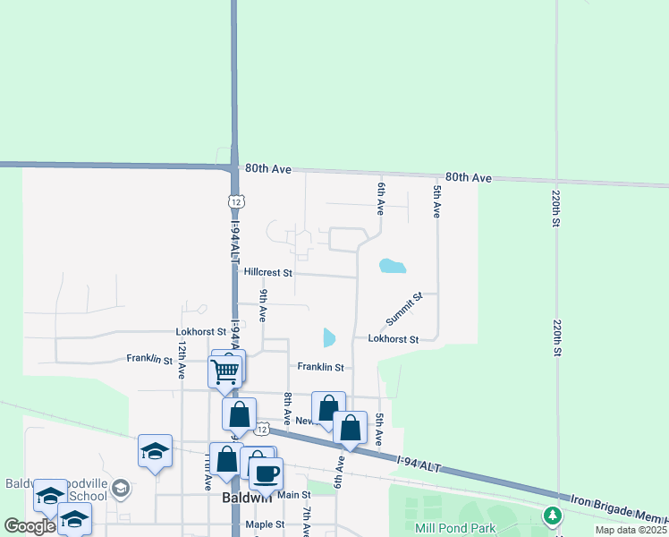map of restaurants, bars, coffee shops, grocery stores, and more near 640 Hillcrest Street in Baldwin