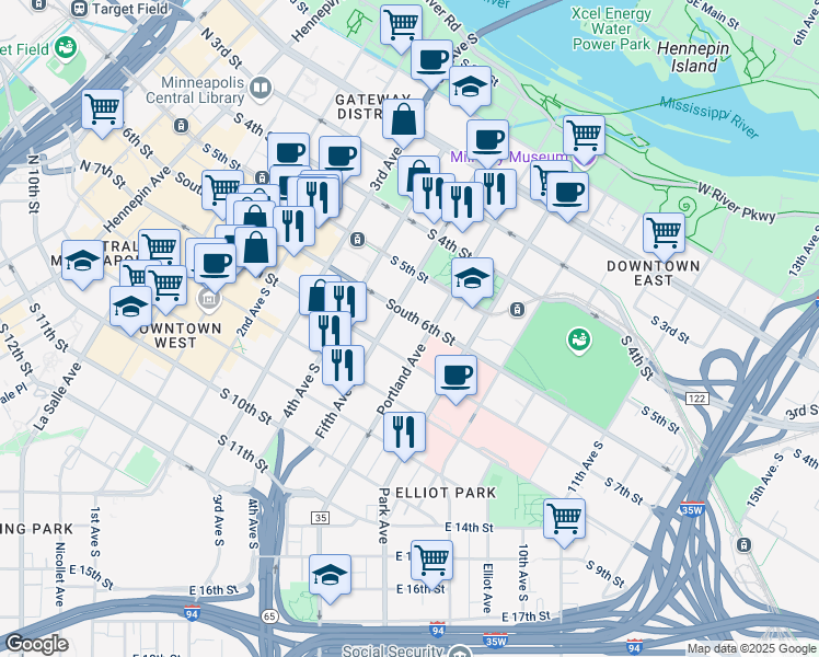 map of restaurants, bars, coffee shops, grocery stores, and more near 517 South 6th Street in Minneapolis