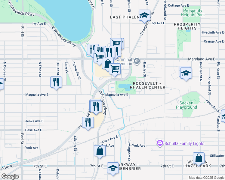 map of restaurants, bars, coffee shops, grocery stores, and more near 1332 Phalen Boulevard in Saint Paul