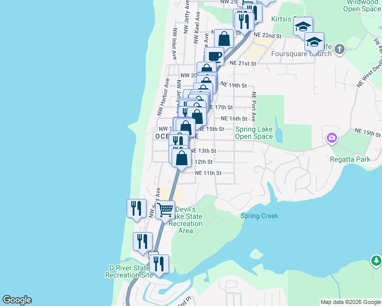 map of restaurants, bars, coffee shops, grocery stores, and more near 1436 Northeast 13th Street in Lincoln City