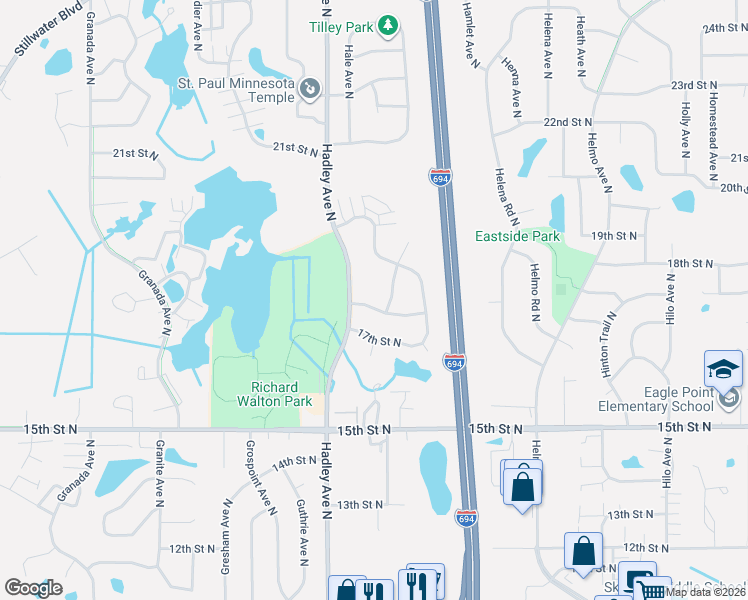 map of restaurants, bars, coffee shops, grocery stores, and more near 7092 Upper 17th Street North in Oakdale