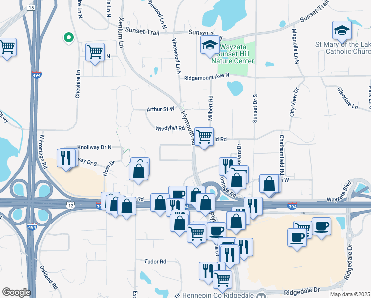 map of restaurants, bars, coffee shops, grocery stores, and more near 13213 Northridge Road in Hopkins