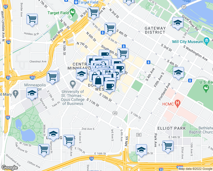 map of restaurants, bars, coffee shops, grocery stores, and more near Marquette Ave & S 9th St in Minneapolis