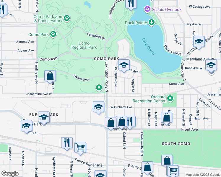 map of restaurants, bars, coffee shops, grocery stores, and more near 1103 North Churchill Street in Saint Paul