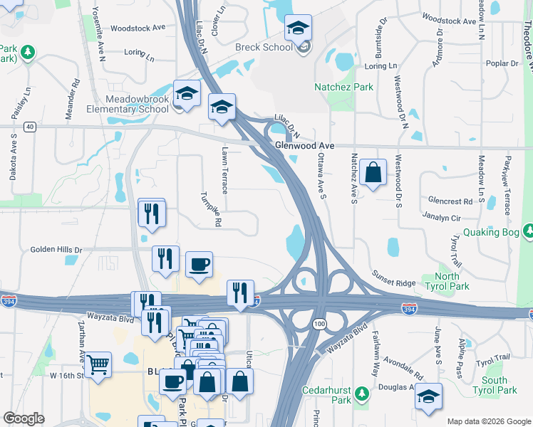 map of restaurants, bars, coffee shops, grocery stores, and more near 5011 Colonial Drive in Minneapolis
