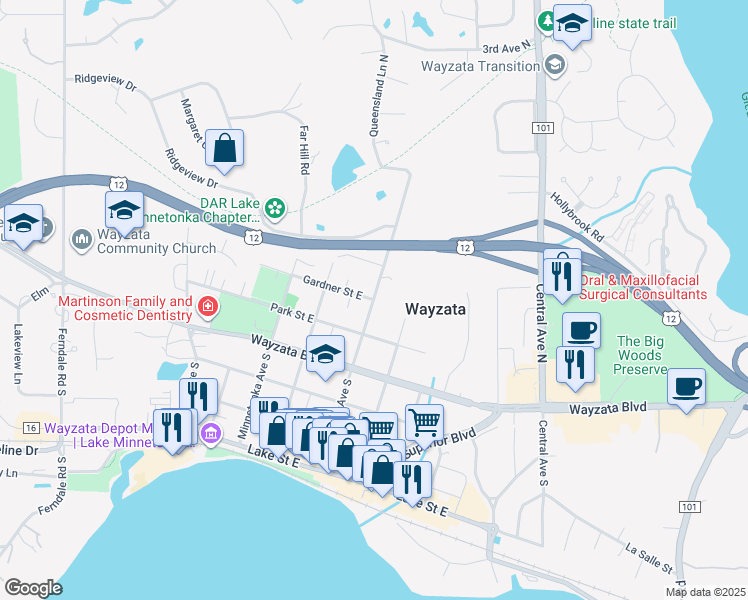 map of restaurants, bars, coffee shops, grocery stores, and more near 233 Broadway Avenue North in Wayzata