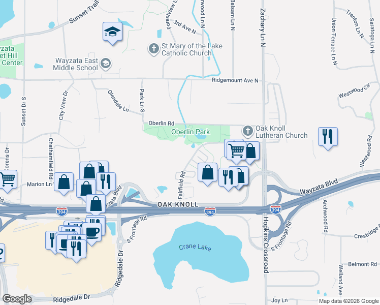 map of restaurants, bars, coffee shops, grocery stores, and more near 11472 Fairfield Road in Hopkins