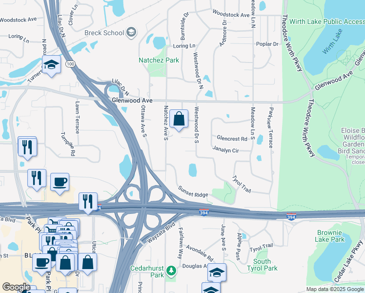 map of restaurants, bars, coffee shops, grocery stores, and more near 4520 Strawberry Lane in Golden Valley
