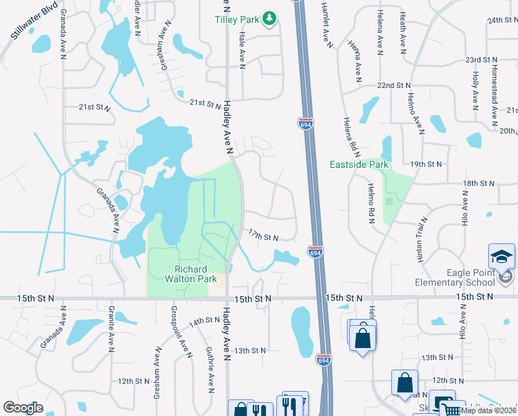 map of restaurants, bars, coffee shops, grocery stores, and more near 7092 Upper 17th Street North in Oakdale