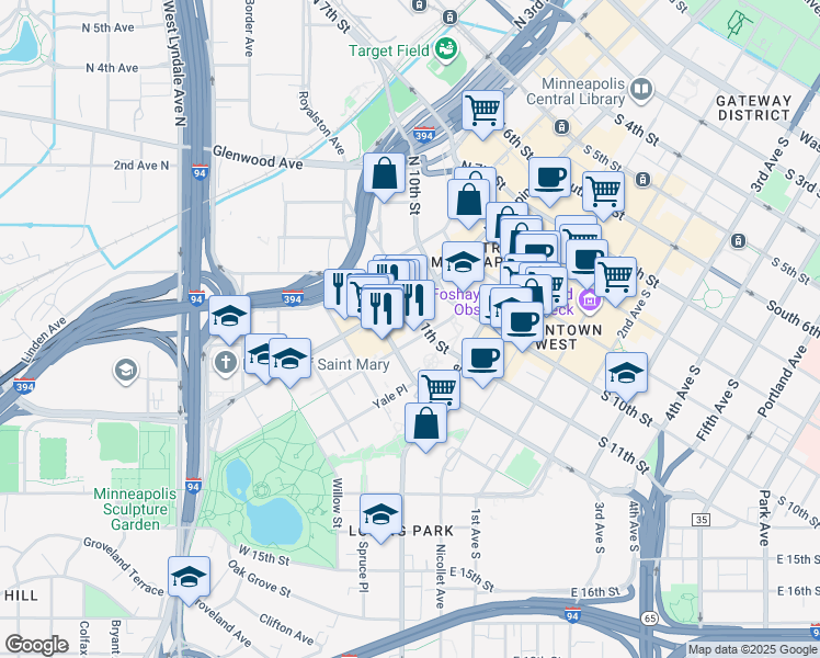 map of restaurants, bars, coffee shops, grocery stores, and more near 23 South 11th Street in Minneapolis