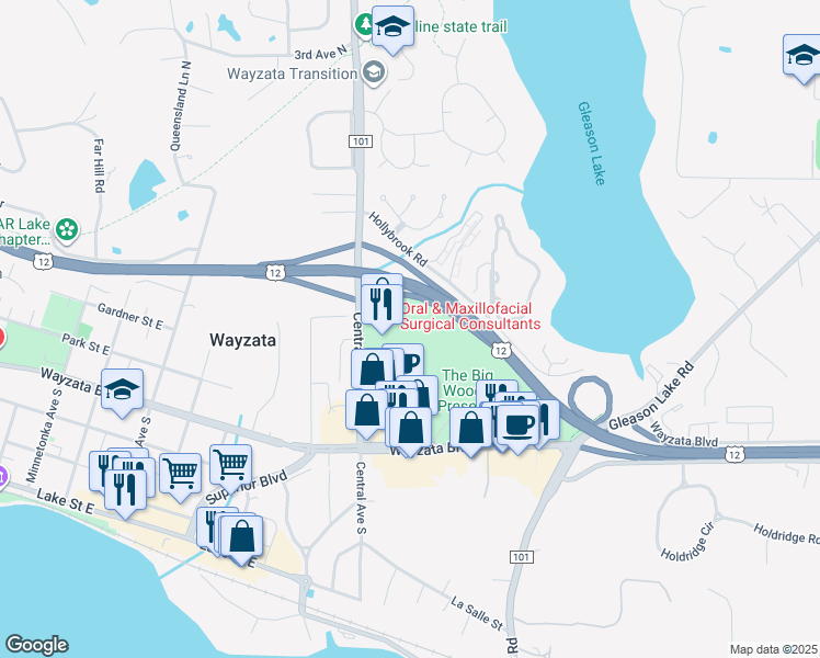 map of restaurants, bars, coffee shops, grocery stores, and more near 240 Central Avenue North in Wayzata