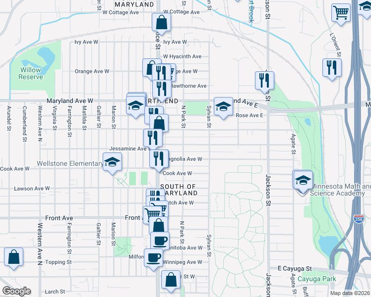 map of restaurants, bars, coffee shops, grocery stores, and more near 84 Jessamine Avenue West in Saint Paul