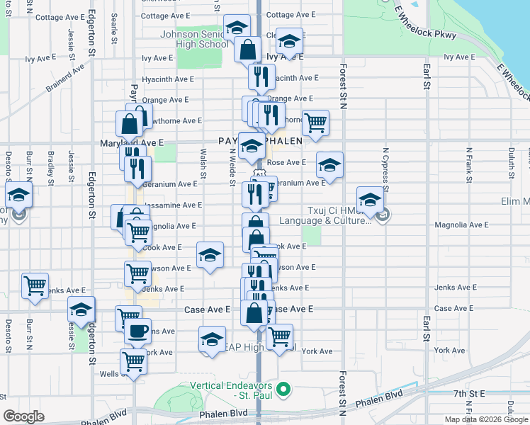 map of restaurants, bars, coffee shops, grocery stores, and more near 1100 Arcade Street in Saint Paul