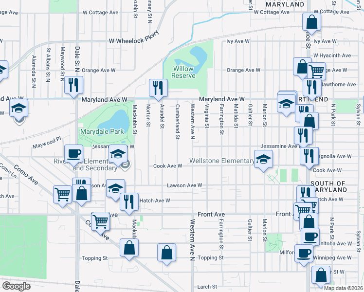 map of restaurants, bars, coffee shops, grocery stores, and more near 1100 Cumberland Street in Saint Paul