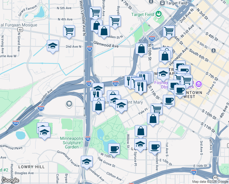 map of restaurants, bars, coffee shops, grocery stores, and more near 1404 Laurel Avenue West in Minneapolis