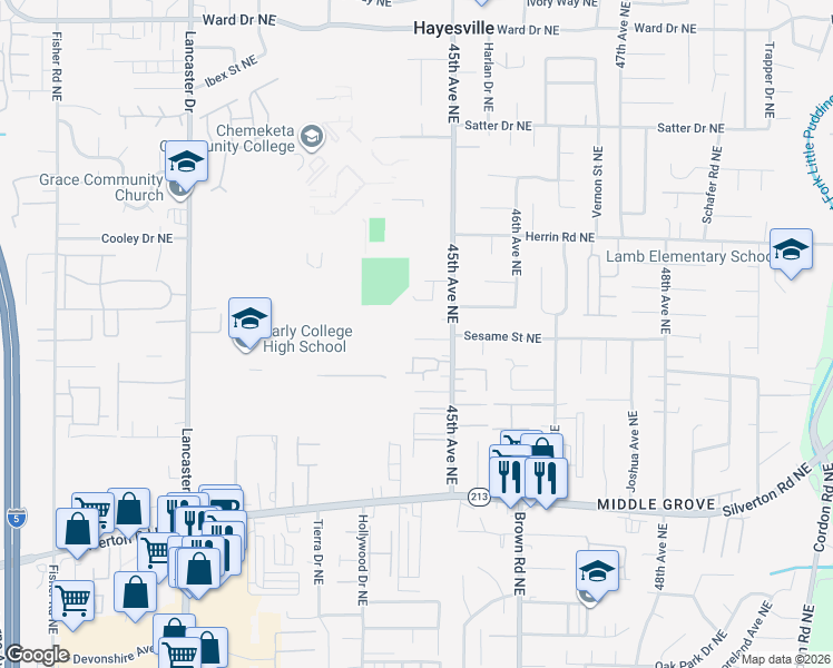 map of restaurants, bars, coffee shops, grocery stores, and more near 4429 Sesame Lane Northeast in Salem