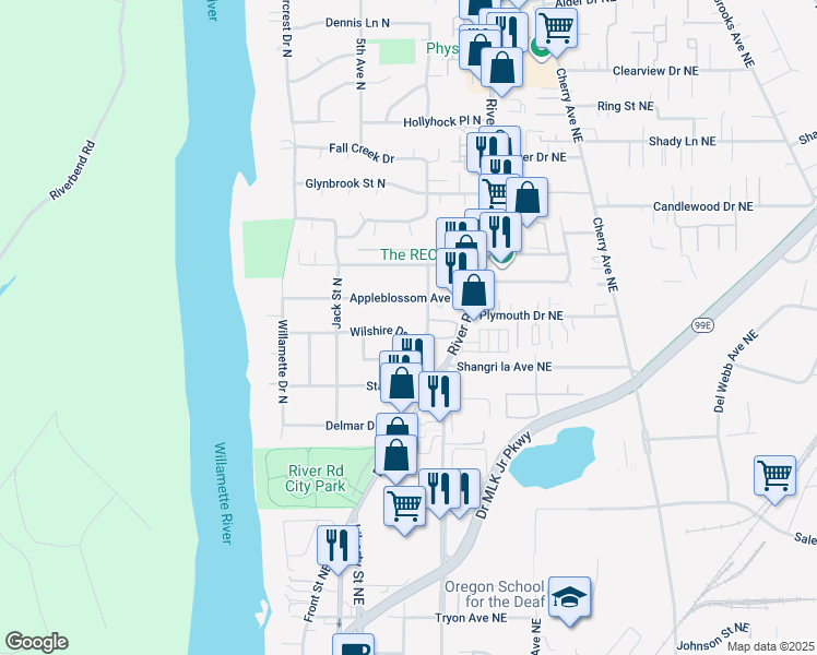 map of restaurants, bars, coffee shops, grocery stores, and more near 267 Wilshire Drive North in Salem