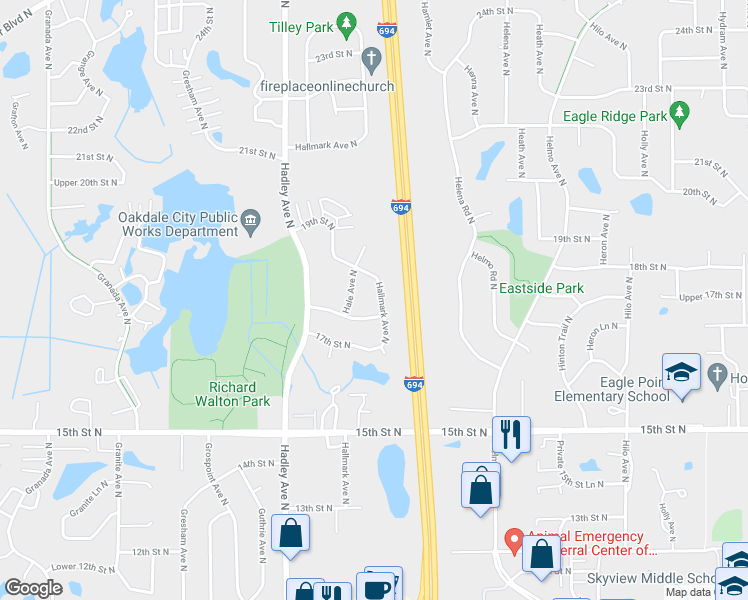 map of restaurants, bars, coffee shops, grocery stores, and more near 1736 Hallmark Avenue North in Oakdale
