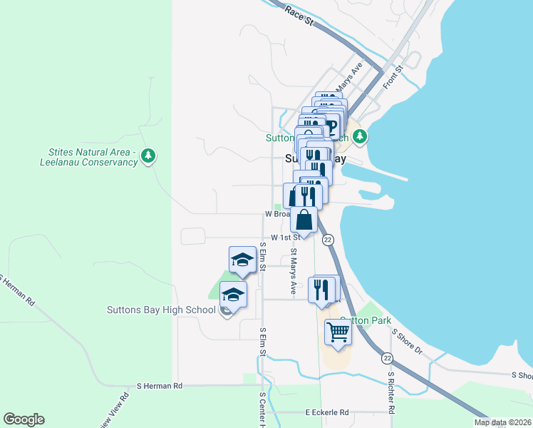 map of restaurants, bars, coffee shops, grocery stores, and more near 423 W Broadway in Suttons Bay