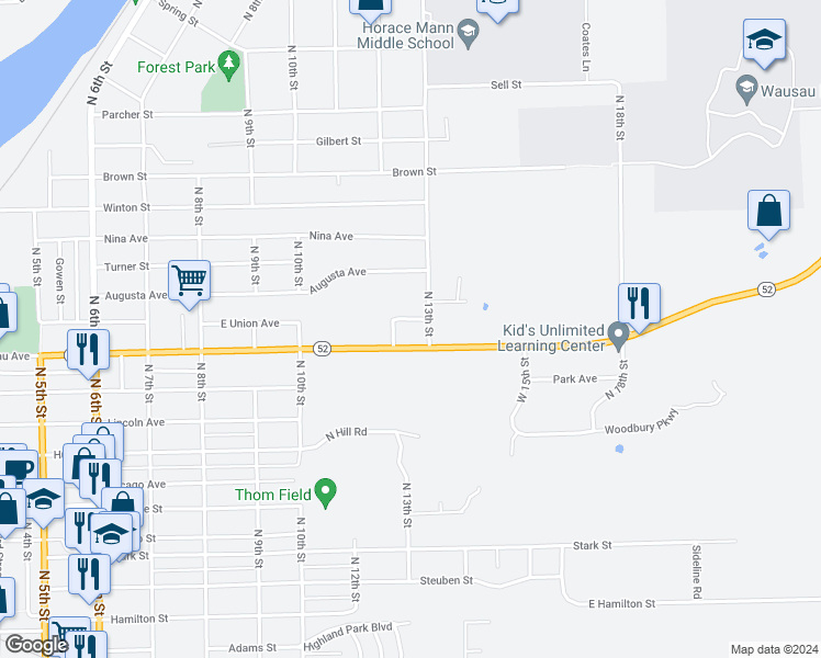 map of restaurants, bars, coffee shops, grocery stores, and more near 1207 East Union Avenue in Wausau