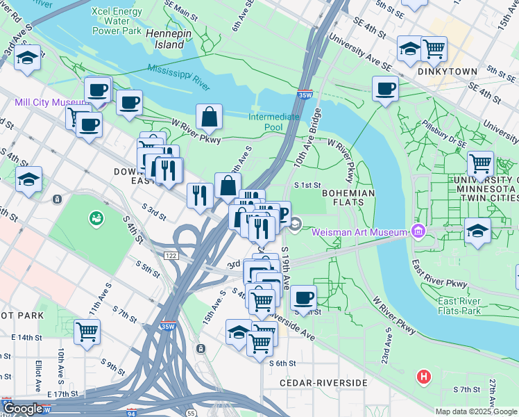 map of restaurants, bars, coffee shops, grocery stores, and more near 1408 South 2nd Street in Minneapolis