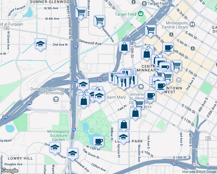 map of restaurants, bars, coffee shops, grocery stores, and more near 1300 13th Street North in Minneapolis