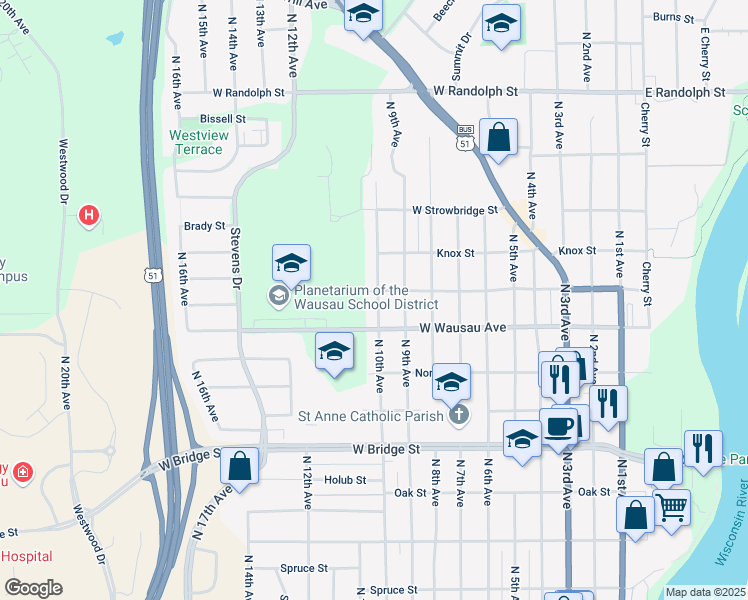 map of restaurants, bars, coffee shops, grocery stores, and more near 922 North 10th Avenue in Wausau