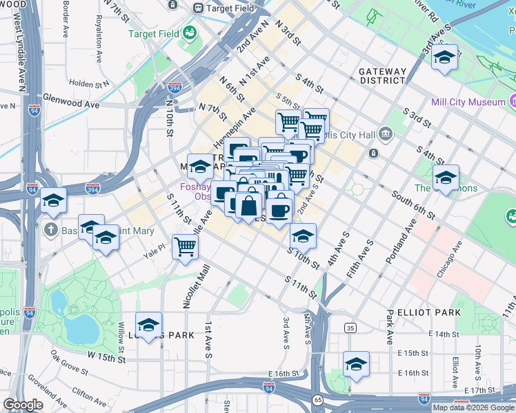 map of restaurants, bars, coffee shops, grocery stores, and more near 89 South 9th Street in Minneapolis