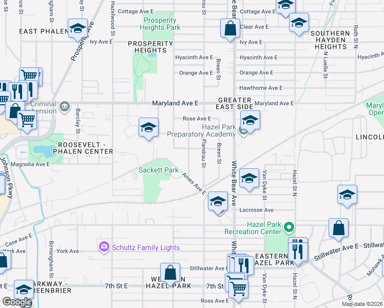 map of restaurants, bars, coffee shops, grocery stores, and more near 1104 Kingsford Street in Saint Paul