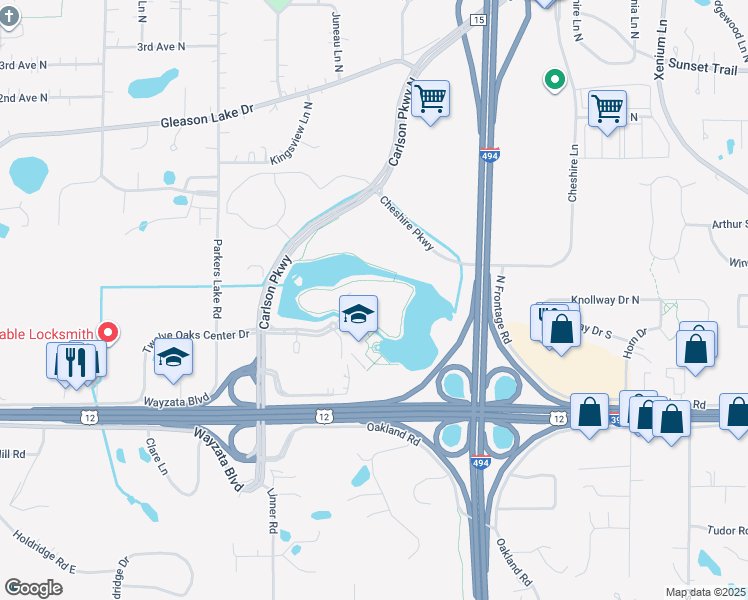map of restaurants, bars, coffee shops, grocery stores, and more near 501 Carlson Parkway in Minnetonka