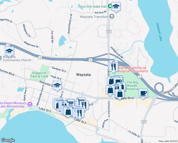 map of restaurants, bars, coffee shops, grocery stores, and more near 281 Glenbrook Road North in Wayzata