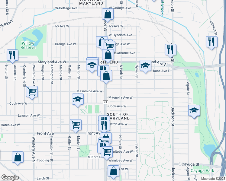 map of restaurants, bars, coffee shops, grocery stores, and more near 114 Jessamine Avenue West in Saint Paul