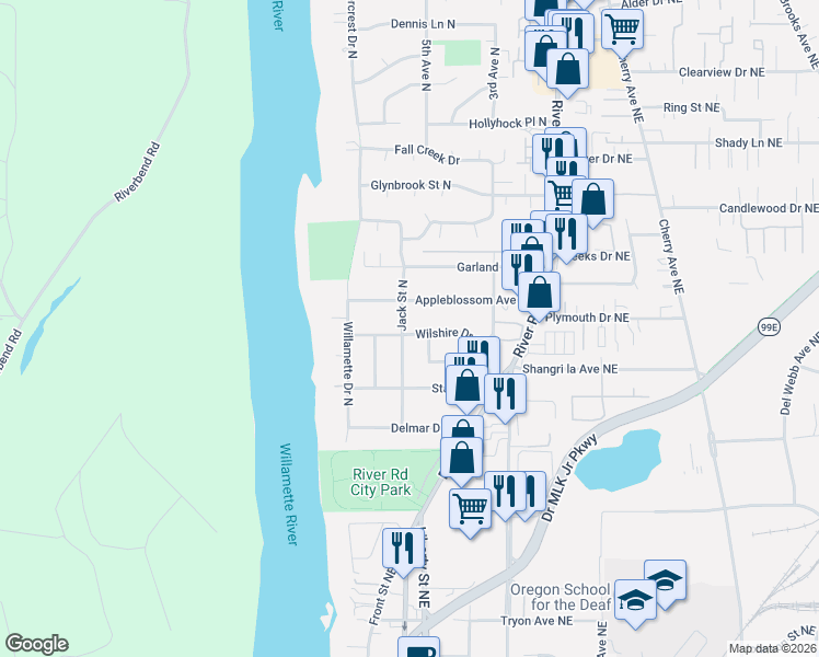 map of restaurants, bars, coffee shops, grocery stores, and more near 487 Wilshire Drive North in Keizer