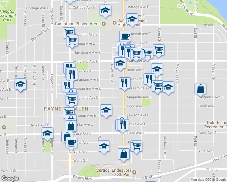 map of restaurants, bars, coffee shops, grocery stores, and more near 782 Jessamine Avenue East in Saint Paul