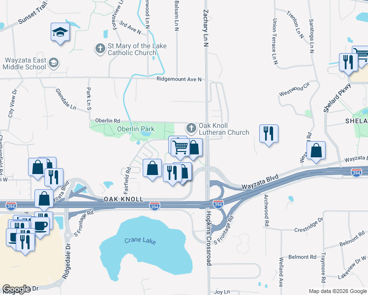 map of restaurants, bars, coffee shops, grocery stores, and more near 11333 Fairfield Road in Minnetonka