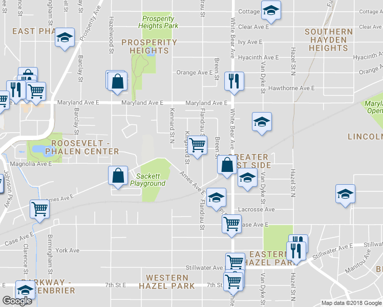 map of restaurants, bars, coffee shops, grocery stores, and more near 1104 Kingsford Street in Saint Paul