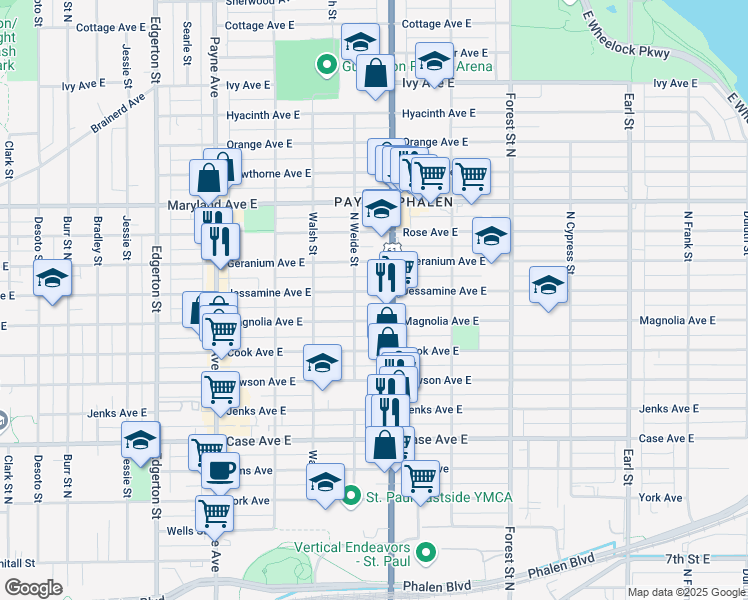 map of restaurants, bars, coffee shops, grocery stores, and more near 782 Jessamine Avenue East in Saint Paul