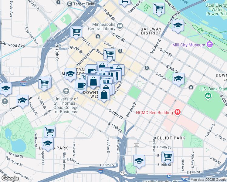 map of restaurants, bars, coffee shops, grocery stores, and more near 121 South 8th Street in Minneapolis