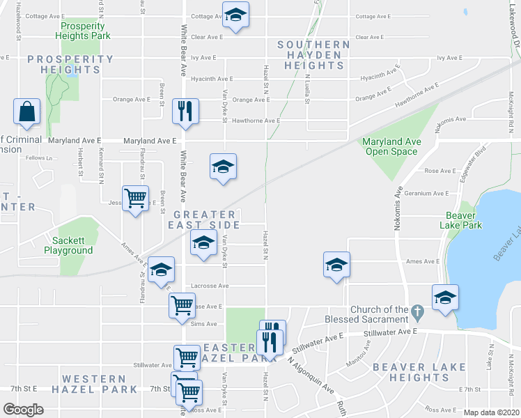 map of restaurants, bars, coffee shops, grocery stores, and more near 1105 North Hazel Street in Saint Paul