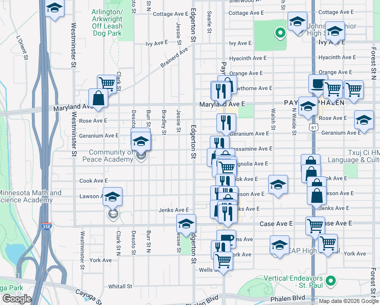 map of restaurants, bars, coffee shops, grocery stores, and more near 1107 Edgerton Street in Saint Paul
