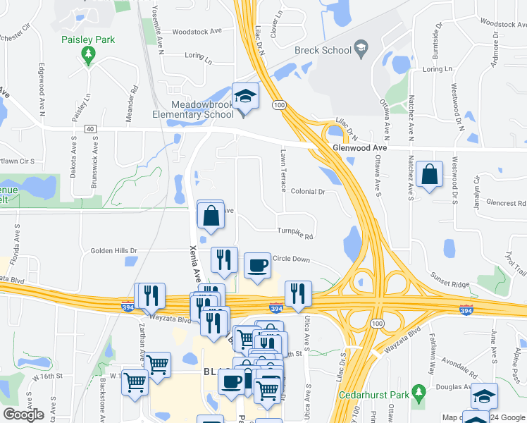 map of restaurants, bars, coffee shops, grocery stores, and more near 416 Turnpike Road in Minneapolis