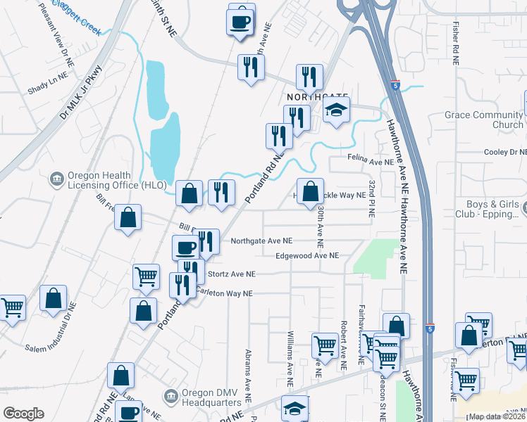 map of restaurants, bars, coffee shops, grocery stores, and more near 2439 Wayside Terrace Northeast in Salem
