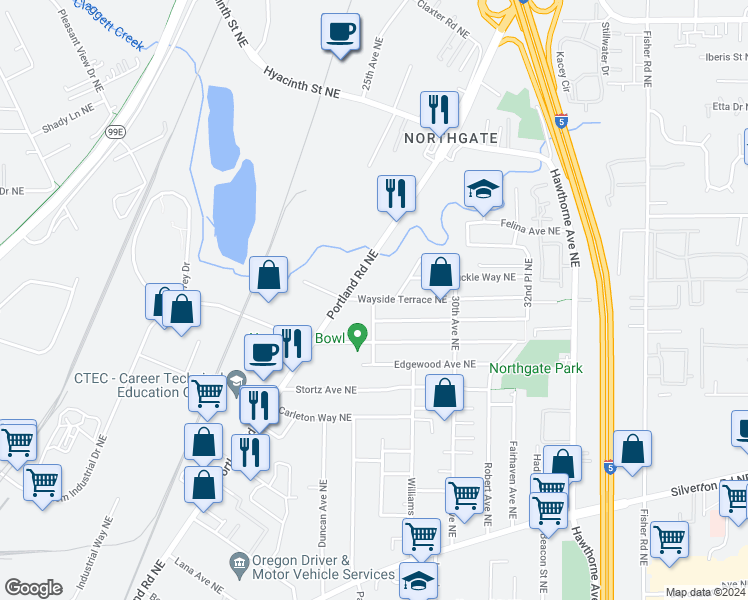 map of restaurants, bars, coffee shops, grocery stores, and more near 2463 Wayside Terrace Northeast in Salem