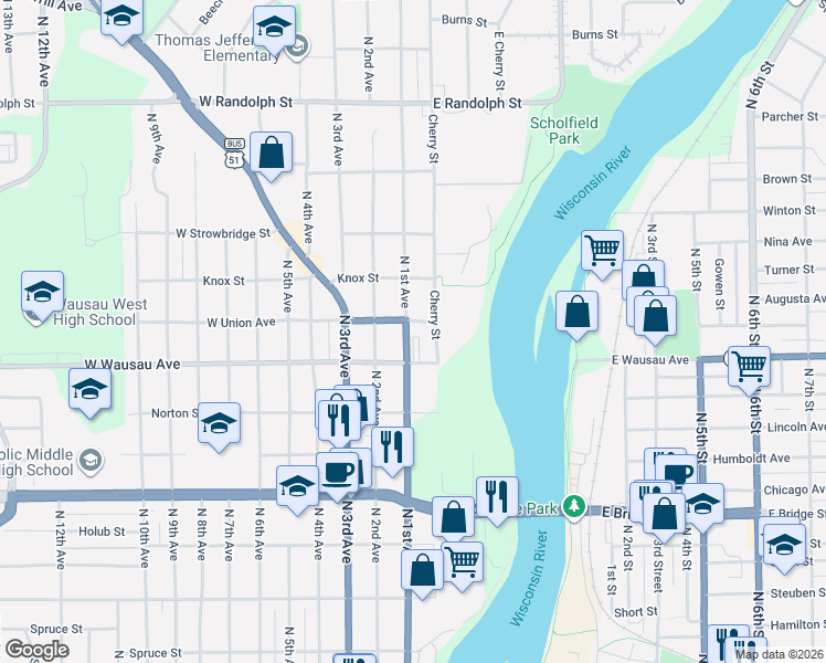 map of restaurants, bars, coffee shops, grocery stores, and more near 918 North 1st Avenue in Wausau