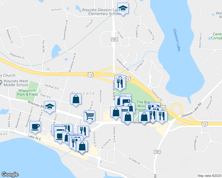 map of restaurants, bars, coffee shops, grocery stores, and more near 273 Central Avenue North in Wayzata