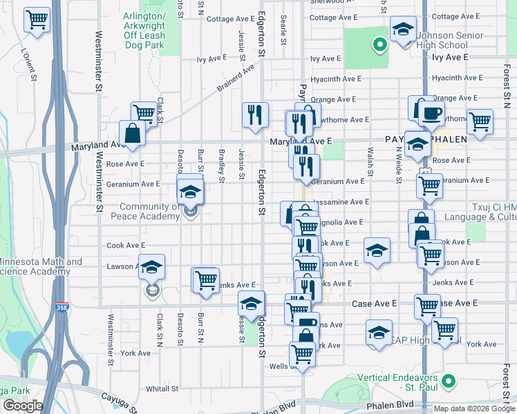 map of restaurants, bars, coffee shops, grocery stores, and more near 1107 Edgerton Street in Saint Paul