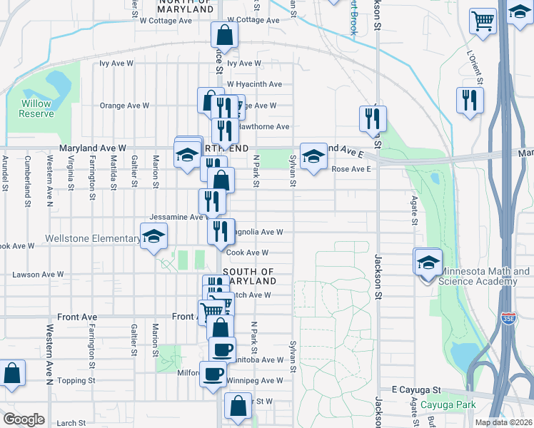map of restaurants, bars, coffee shops, grocery stores, and more near 84 Jessamine Avenue West in Saint Paul