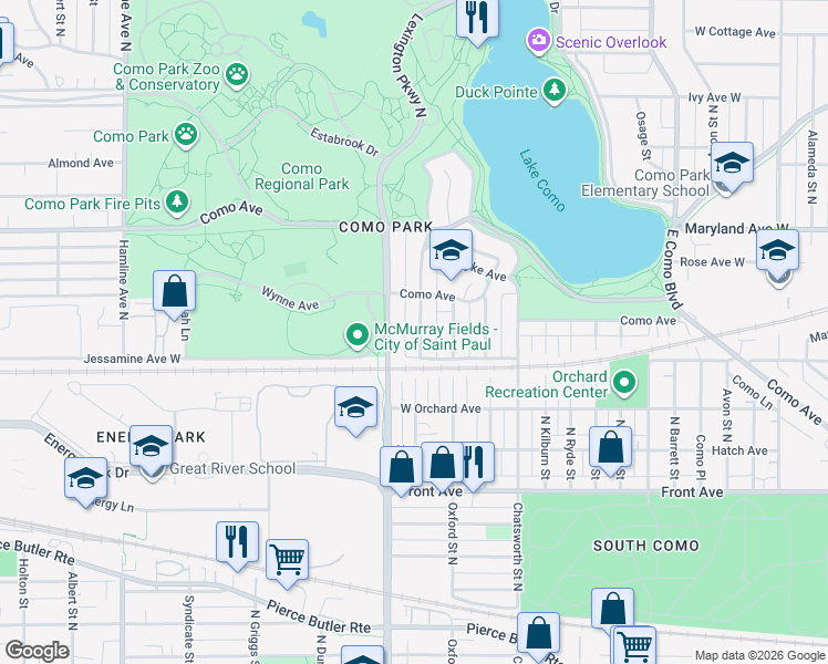map of restaurants, bars, coffee shops, grocery stores, and more near 1103 North Churchill Street in Saint Paul