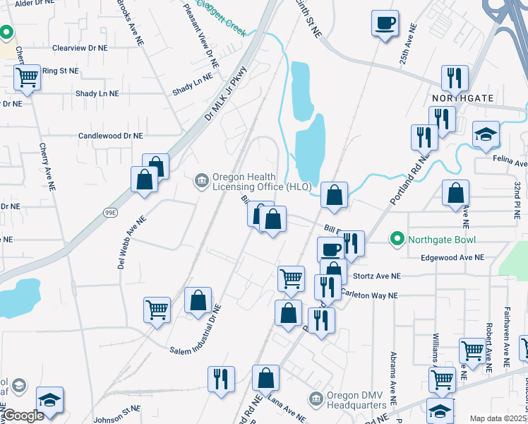map of restaurants, bars, coffee shops, grocery stores, and more near 1835 Bill Frey Drive in Salem