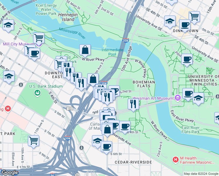 map of restaurants, bars, coffee shops, grocery stores, and more near 1408 South 2nd Street in Minneapolis